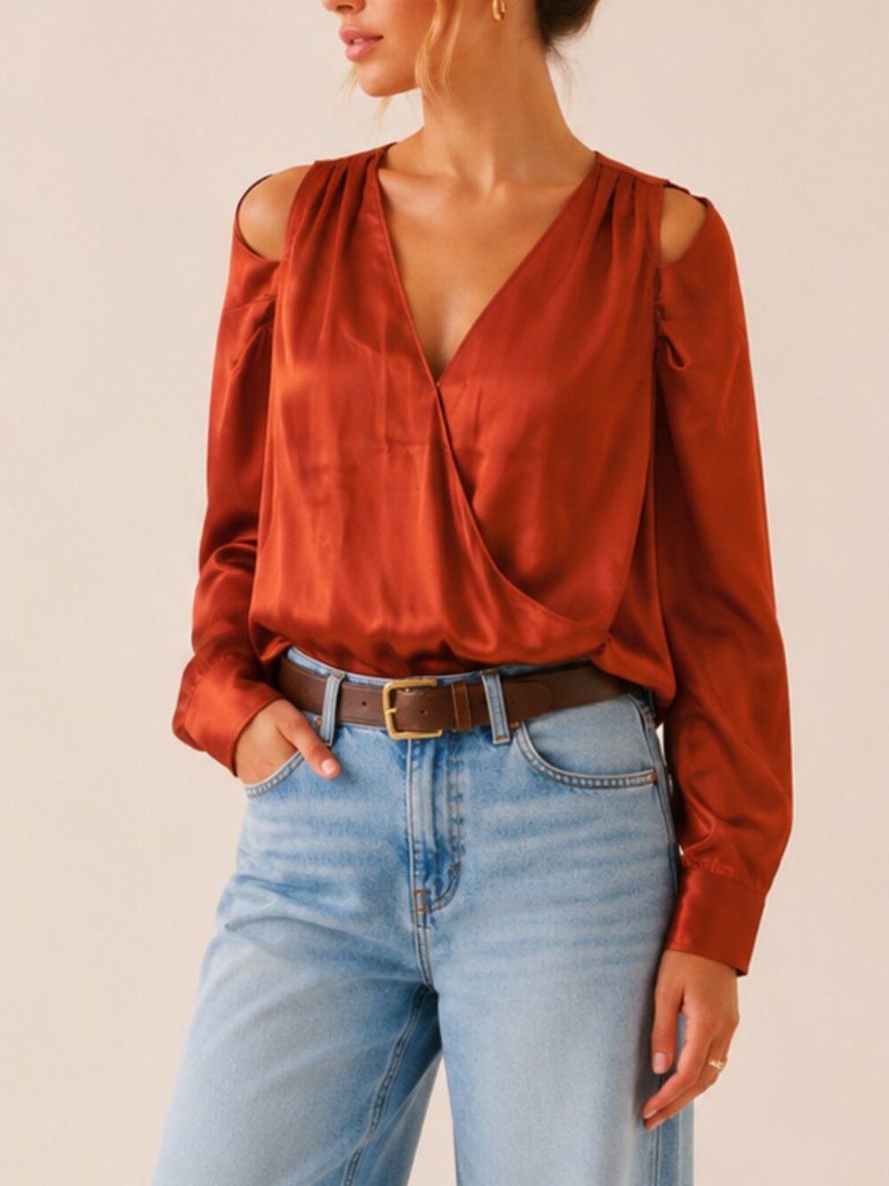 NWT Jonathan Simkhai‎ Golden Caramel Silk Blend Cold Shoulder Wrap Blouse